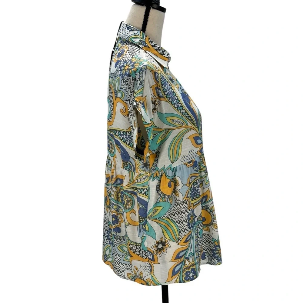 Ninety Clothing Co Short Sleeve Collared Floral Paisley Print Blouse - Small - Picture 2 of 9